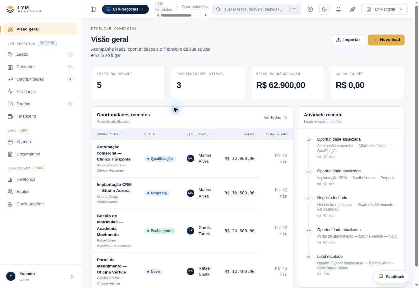 Dashboard real do LYM Negócios com dados demonstrativos